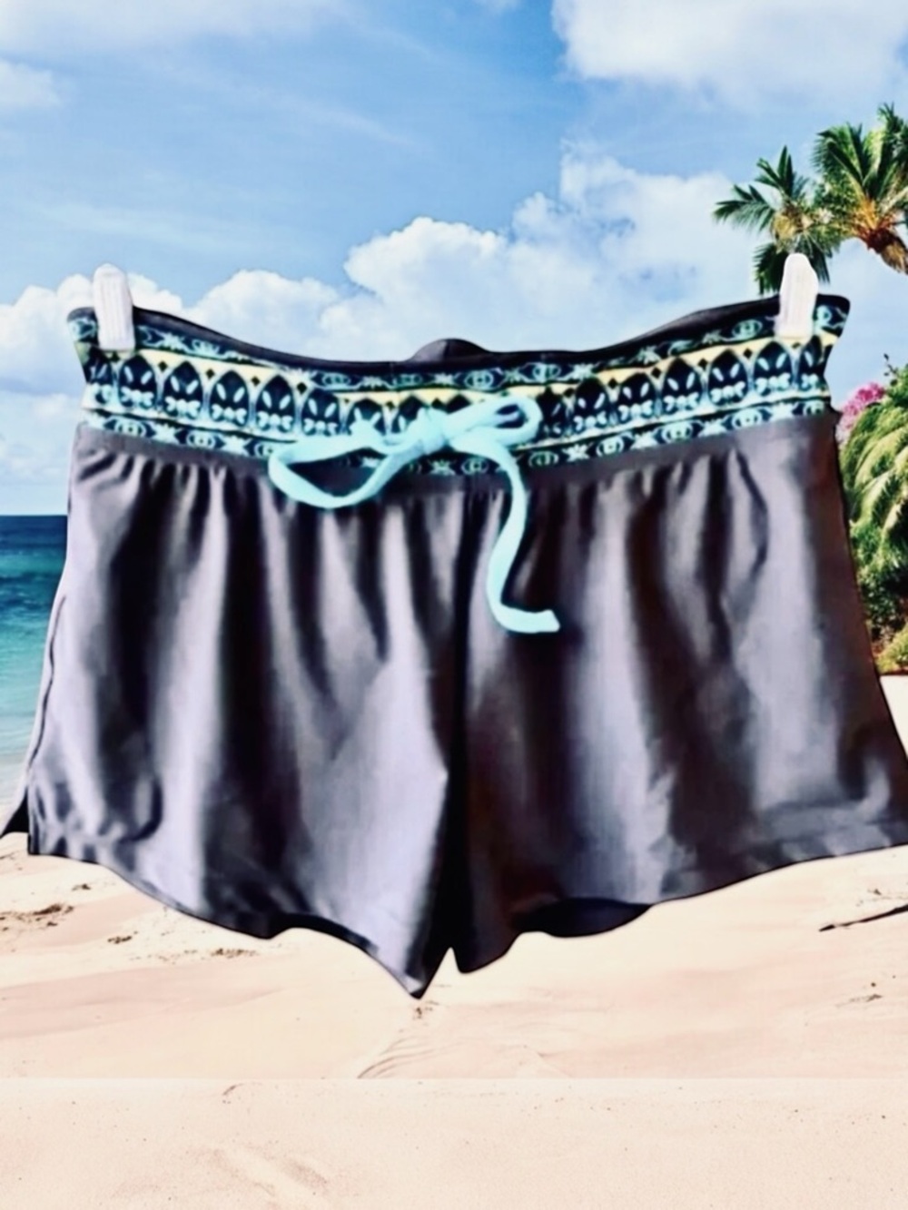 Athleta Running Gym Shorts Charcoal Gray Colorful Waistband Lined Ruffle